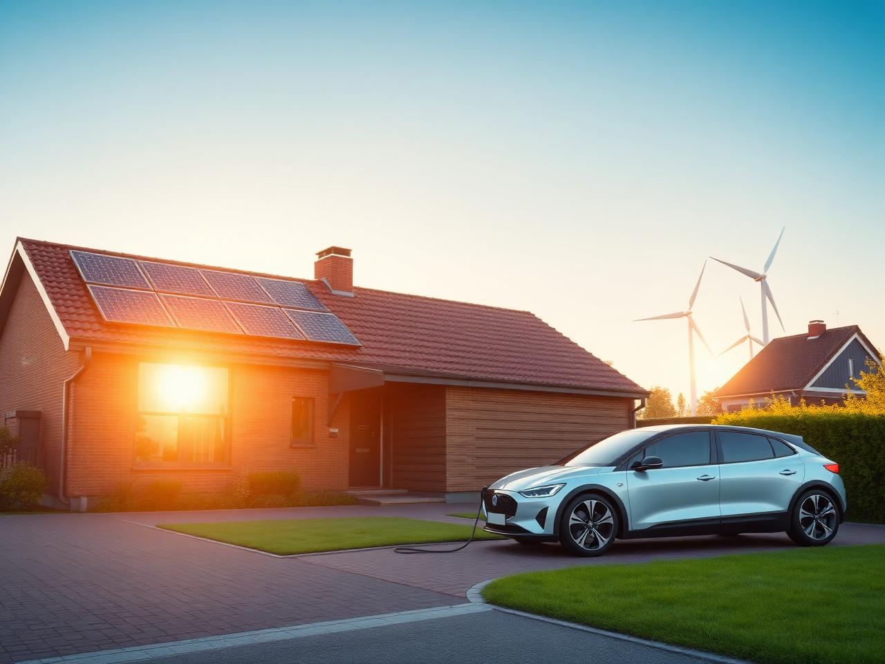 Slim huis met zonnepanelen, elektrische auto die oplaadt en windmolens op de achtergrond